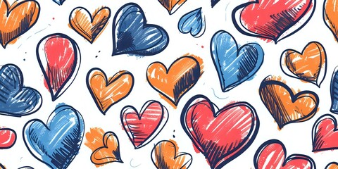 A vibrant seamless pattern of colorful hand-drawn hearts in a playful cartoon style. Perfect for Valentine's Day, kids' decor, gift wrap, or party invitations. Tiled for continuous use.