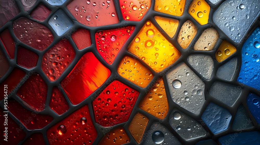 close-up of a stained glass window with irregularly shaped, colorful pieces in red, yellow, blue, and gray hues, enhanced by water droplets. Ideal for creative design projects, architecture close-up of a stained glass window with irregularly shaped, colorful pieces in red, yellow, blue, and gray hues, enhanced by water droplets. Ideal for creative design projects, architecture