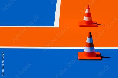 Traffic cones on blue and orange floor