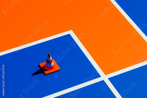 Traffic cone on blue and orange surface