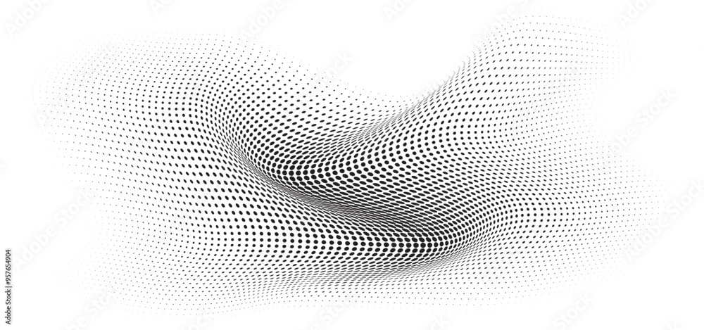 Flowing Wave Dot Halftone Pattern: Curve Gradient Shape on Transparent Background. Suitable for AI, Tech, Network, Digital, Science, and Technology Themes. Flowing Wave Dot Halftone Pattern: Curve Gradient Shape on Transparent Background. Suitable for AI, Tech, Network, Digital, Science, and Technology Themes.