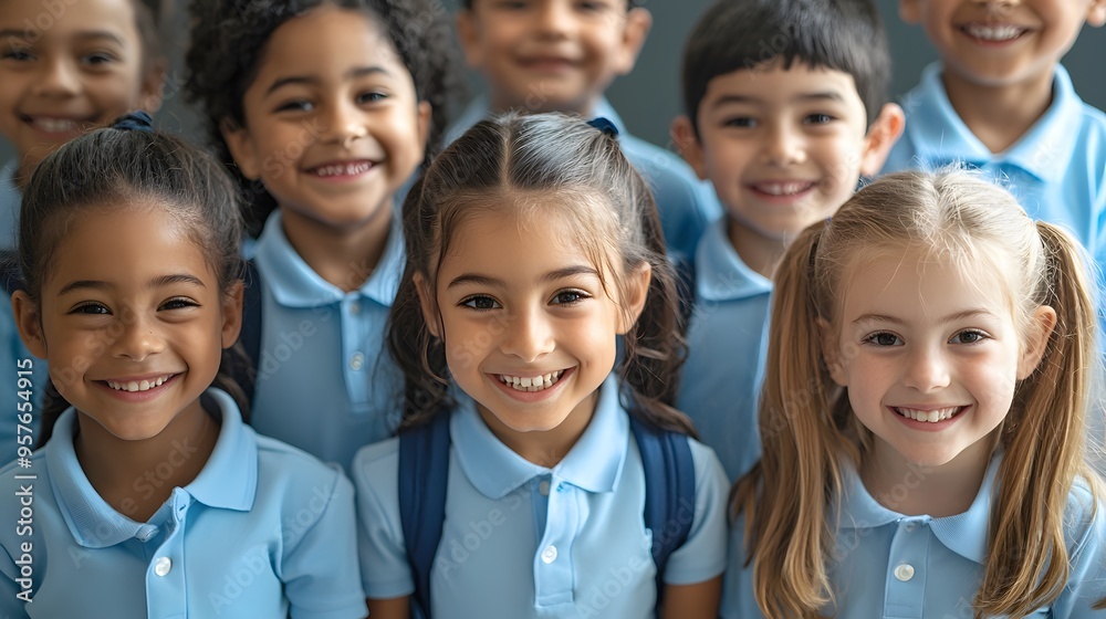 School Picture Day. Portrait of adorable diverse elementary students in classroom. Cute different ethenic schollgirls classmates wearing classic school uniforms School Picture Day. Portrait of adorable diverse elementary students in classroom. Cute different ethenic schollgirls classmates wearing classic school uniforms