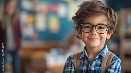 School Picture Day. Stylish school picture day portrait of boy in glasses, wearing plaid shirt. Confident, with touch of vintage flair