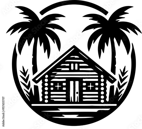 A simple and stylized black and white illustration of a hut with a triangular roof, surrounded by two palm trees. The hut has visible wooden details, and there are some leaves and grass at the base. 