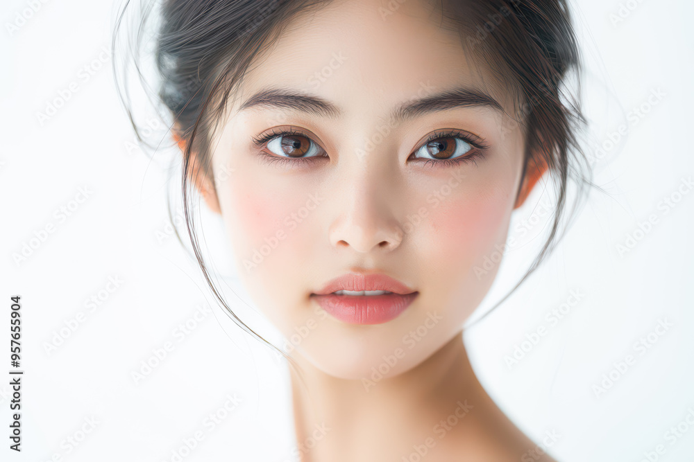 Fototapeta premium A close-up portrait of an Asian woman with soft, natural makeup, emphasizing her smooth skin, elegant features, and captivating eyes. The image conveys a gentle, soft atmosphere, set against a white b