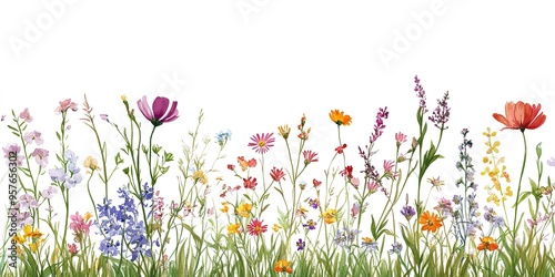 idyllic meadow border bursting with colorful wildflowers against pristine white backdrop floral illustration