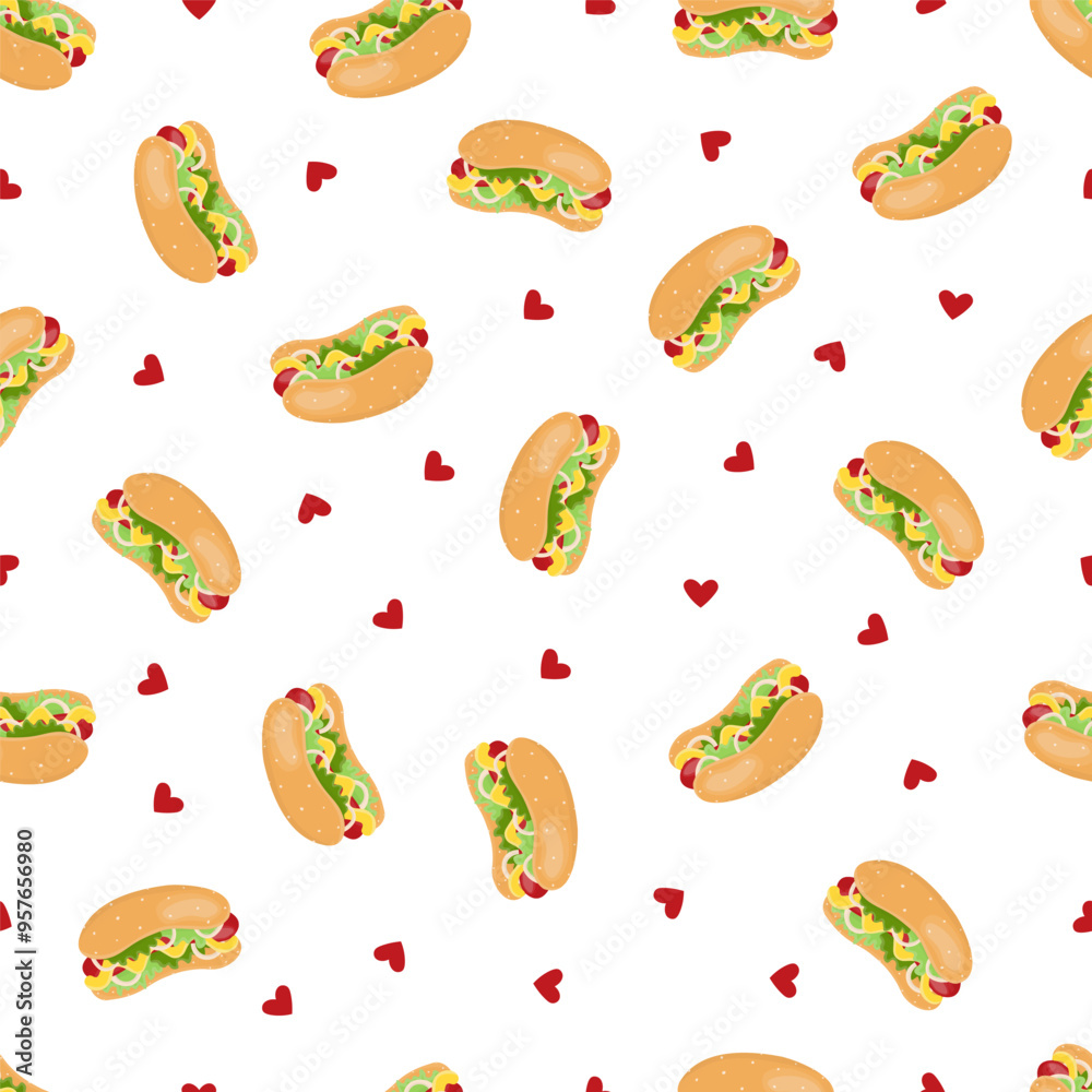 Seamless pattern with hot dogs and hearts. On a white background. Fast food. Vector hand-drawn illustration. Seamless pattern with hot dogs and hearts. On a white background. Fast food. Vector hand-drawn illustration.