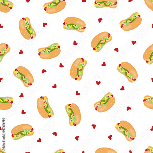 Seamless pattern with hot dogs and hearts. On a white background. Fast food. Vector hand-drawn illustration.