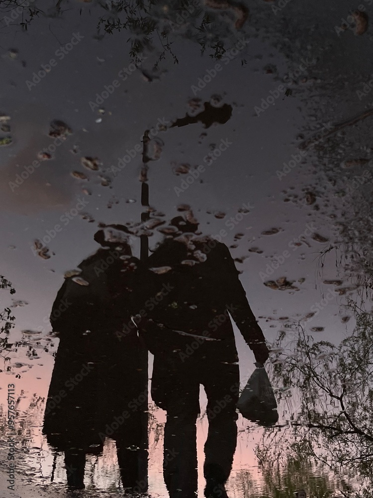 Silhouette of a Couple Walking at Dusk on a Snowy Path Silhouette of a Couple Walking at Dusk on a Snowy Path