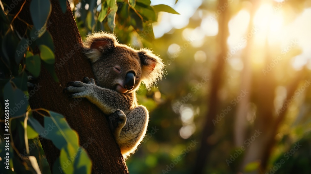 Fototapeta premium A sleepy koala clings to a tree in a sunlit forest, bathed in the warm glow of the setting sun.