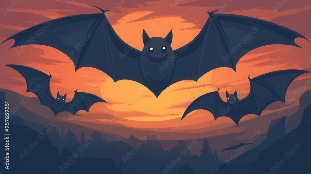 Eerie bat silhouettes fluttering against the twilight, flat design, front view, phantom theme, cartoon drawing, vivid colors Eerie bat silhouettes fluttering against the twilight, flat design, front view, phantom theme, cartoon drawing, vivid colors