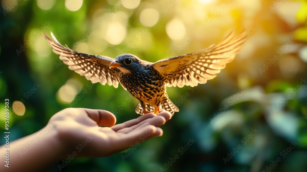 Fototapeta premium A small bird landing on an outstretched hand in a lush green forest, illuminated by warm sunlight filtering through the trees.