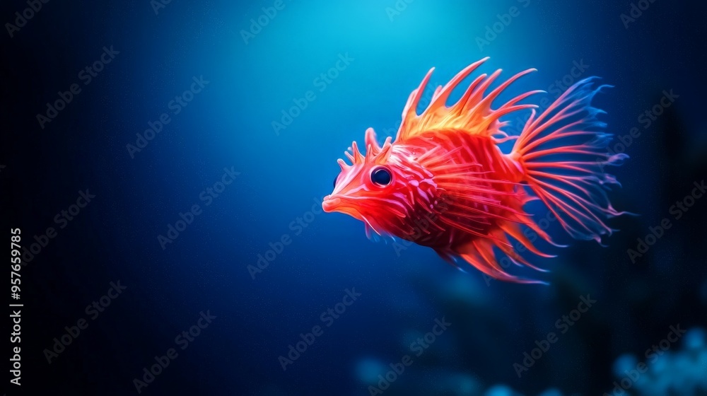 Fototapeta premium A striking red tropical fish swimming in deep blue water, showcasing vibrant colors and delicate fins in a serene underwater scene.