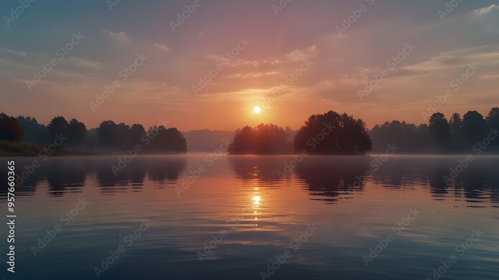 Beautiful, red dawn on the lake. The rays of the sun through the fog. The blue sky over the lake, the morning comes, the sky is reflected in the Generative AI Beautiful, red dawn on the lake. The rays of the sun through the fog. The blue sky over the lake, the morning comes, the sky is reflected in the Generative AI