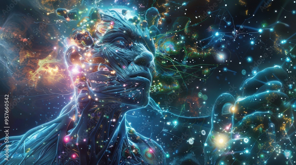 Futuristic Digital Art Depicting Human Anatomy with Neural Networks and Cosmic Elements in a Sci-Fi Theme Futuristic Digital Art Depicting Human Anatomy with Neural Networks and Cosmic Elements in a Sci-Fi Theme