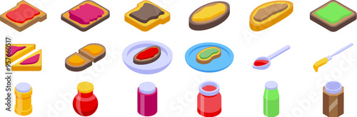 Jam toast icons set. Toast bread set with different jams collection for web design in isometric style isolated on white background