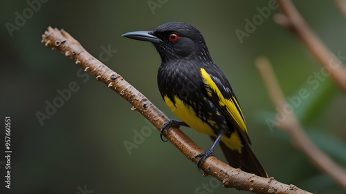 Critically endangered Australian Regent Honeyeater (Anthochaera phrygia) Generative AI photo