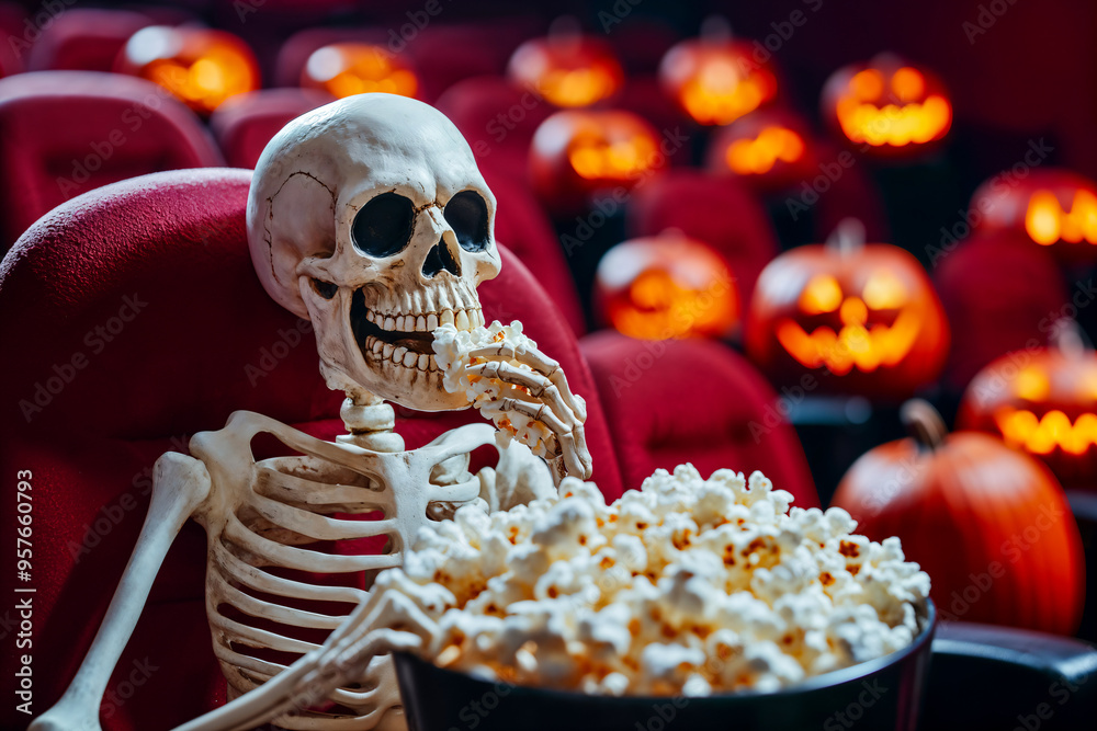 Skeleton eating popcorn in a movie theater, Halloween pumpkins, horror film screening Skeleton eating popcorn in a movie theater, Halloween pumpkins, horror film screening