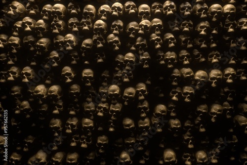 3d render of ancient human skulls and bones stacked in catacombs