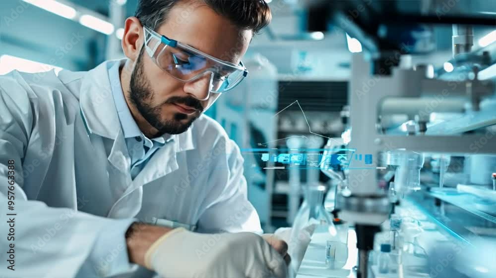 A man in a lab coat is working on a project. He is wearing safety goggles and gloves A man in a lab coat is working on a project. He is wearing safety goggles and gloves