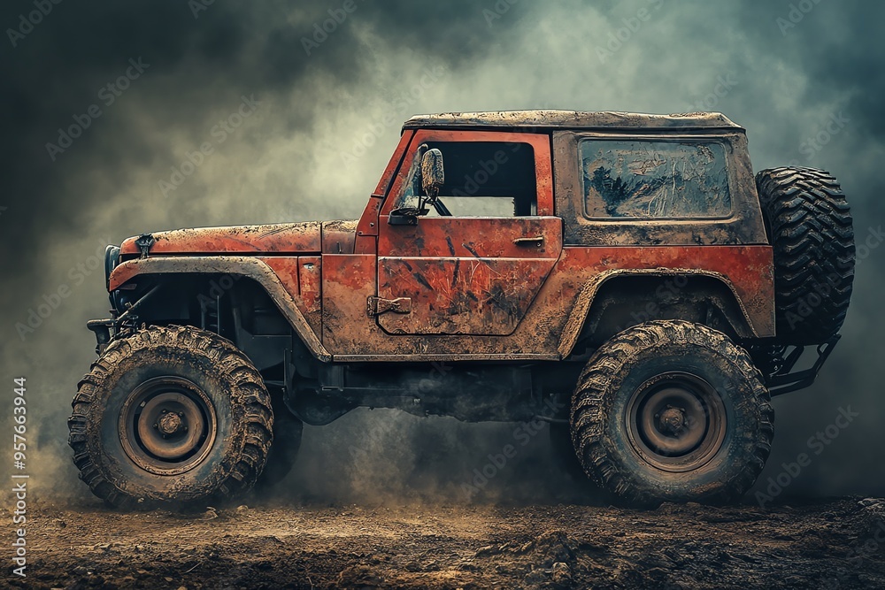 Mud-Covered Off-Road Vehicle Driving Through Dust Mud-Covered Off-Road Vehicle Driving Through Dust