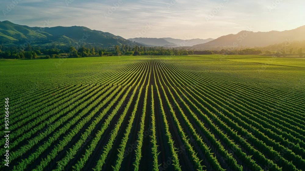 Aerial view of a verdant, neatly planted agricultural field with rolling hills and a sunrise in the background. Aerial view of a verdant, neatly planted agricultural field with rolling hills and a sunrise in the background.