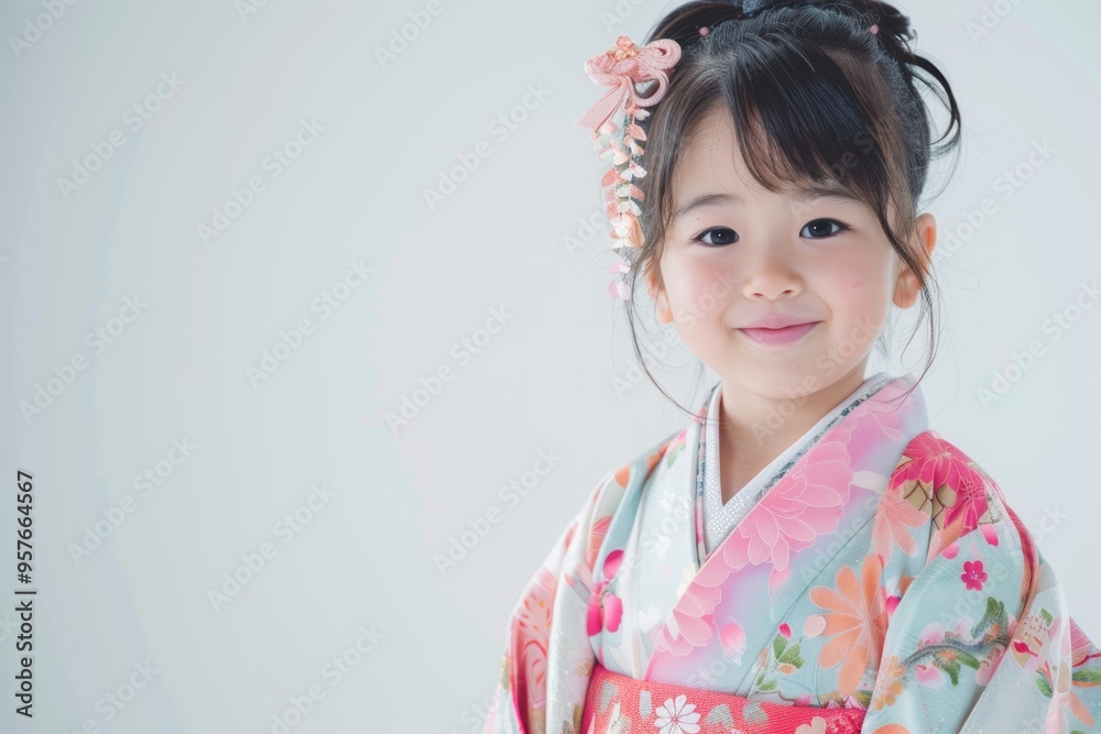 A cute Japanese girl wearing a high-contrast colorful kimono and a random hairstyle poses against a white background. A cute Japanese girl wearing a high-contrast colorful kimono and a random hairstyle poses against a white background.