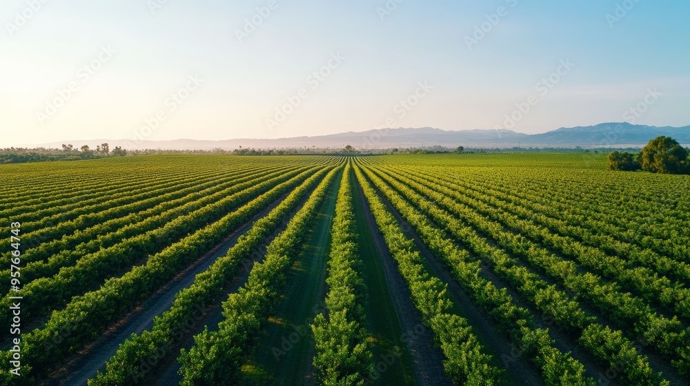 Aerial view of a vineyard at sunset, showcasing rows of grapevines stretching to the horizon under a clear sky with mountains in the background.