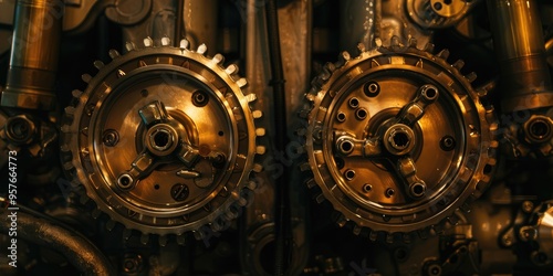 Close up view of two pistons in a cylinder with four valves and gears alongside