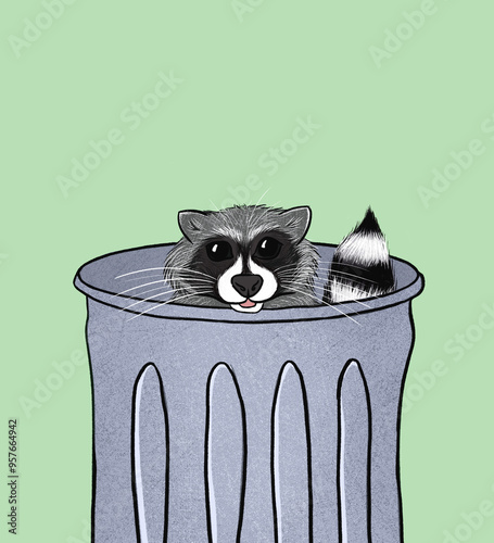 A raccoon peeping out from inside a trash can. 