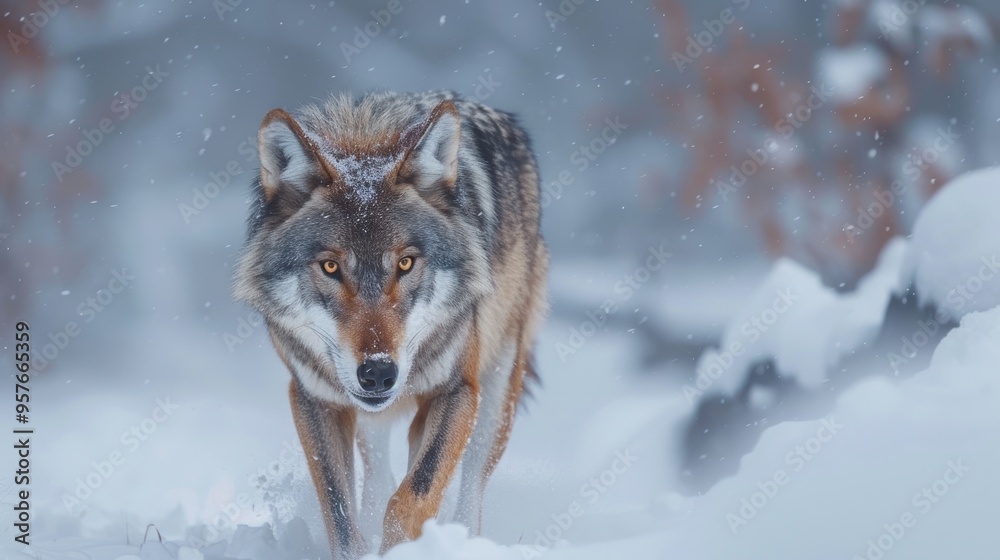 Fototapeta premium A fierce wolf moves silently through the snowy terrain, its gaze unwavering and determined. The icy landscape accentuates the wolf’s predatory instincts and the harsh beauty of its environment.