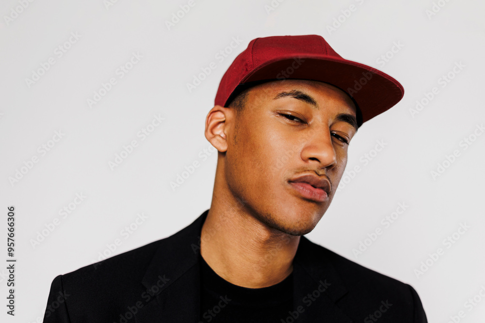 Stylish man wearing red cap and black jacket on white background Stylish man wearing red cap and black jacket on white background