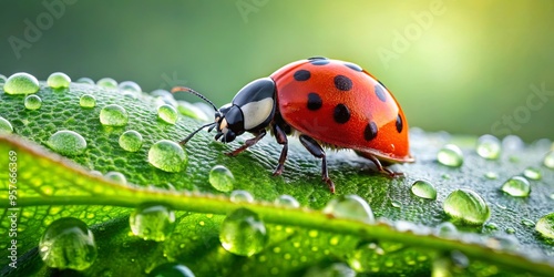 Close up of a ladybug on a leaf with water droplets on its back legs photo