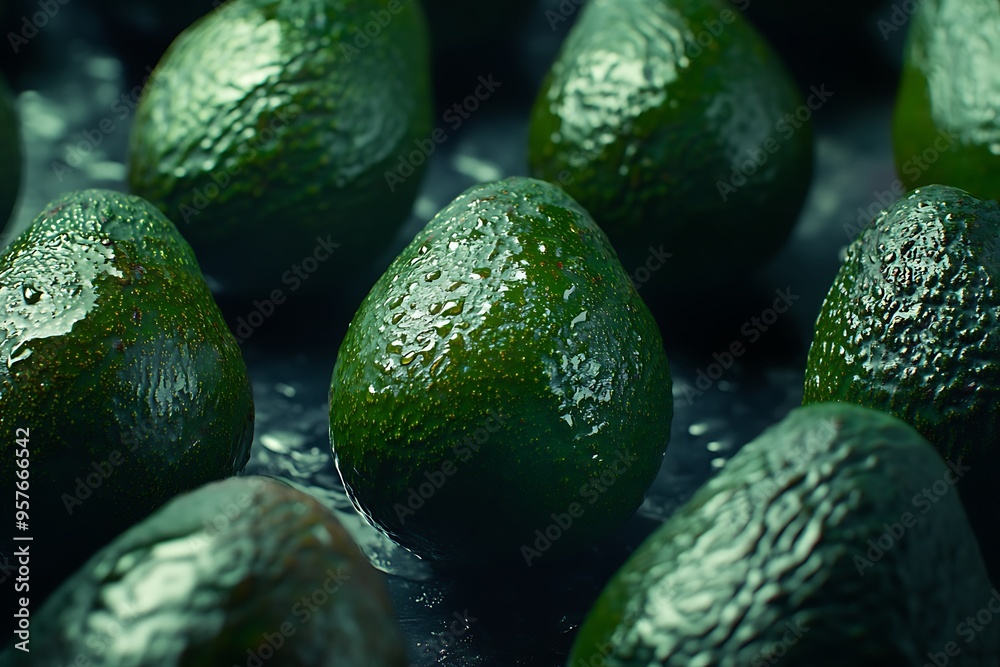 Close-up of Green Avocados with Water Droplets Close-up of Green Avocados with Water Droplets