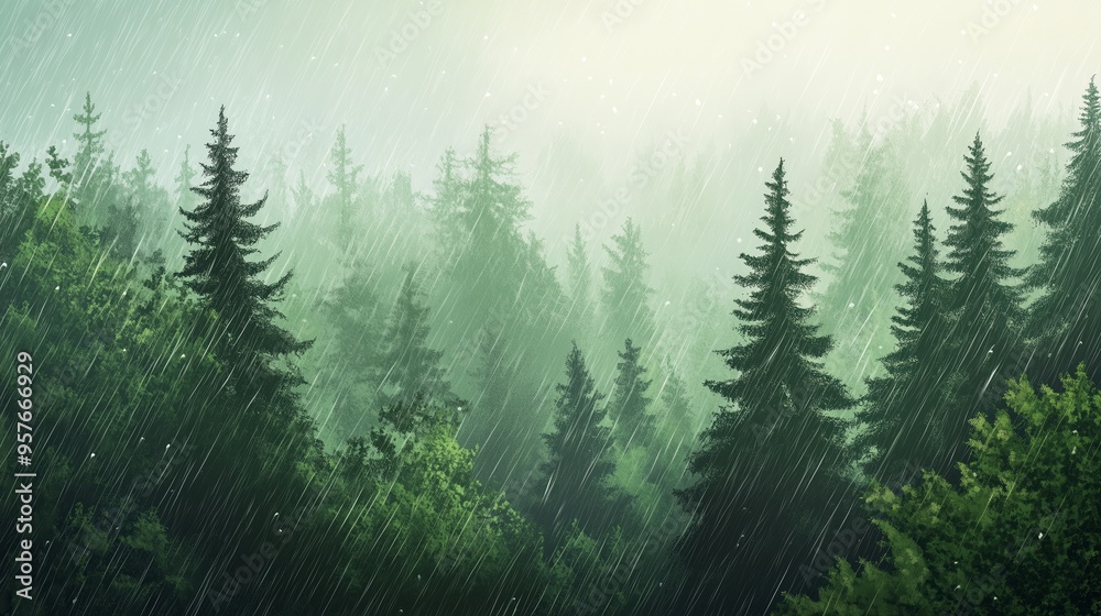 Fototapeta premium Dense evergreen forest under heavy rain in a misty atmosphere during early morning hours