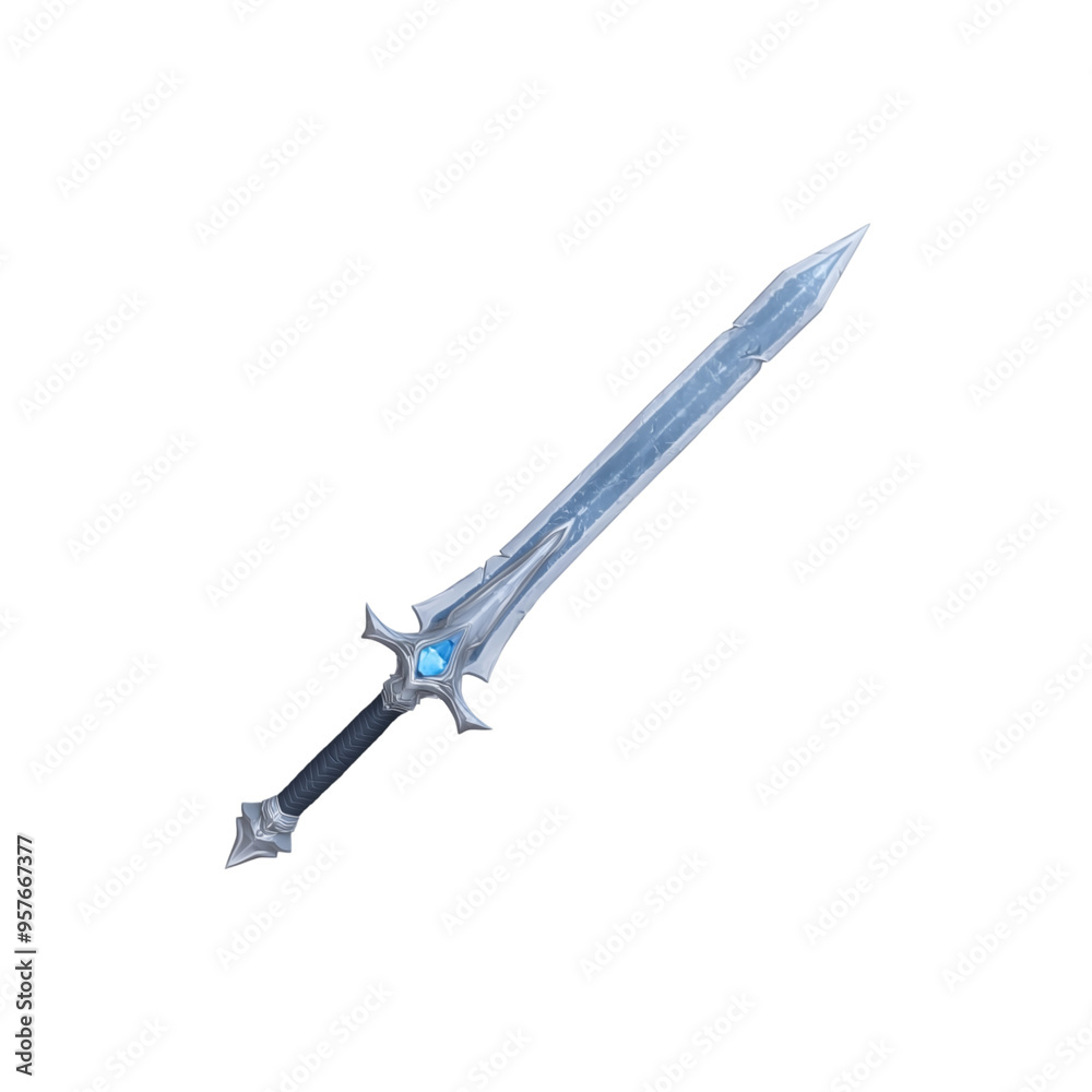 Intricately designed silver sword with blue gemstones and sharp, elegant blade