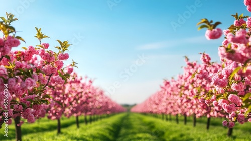 Beautiful rows of blossoming pink cherry trees under a clear blue sky, creating a picturesque spring landscape scene.