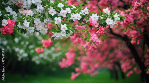 Beautiful spring blossoms with vibrant pink and white flowers on branches captured in a serene garden, symbolizing new beginnings and natural beauty.