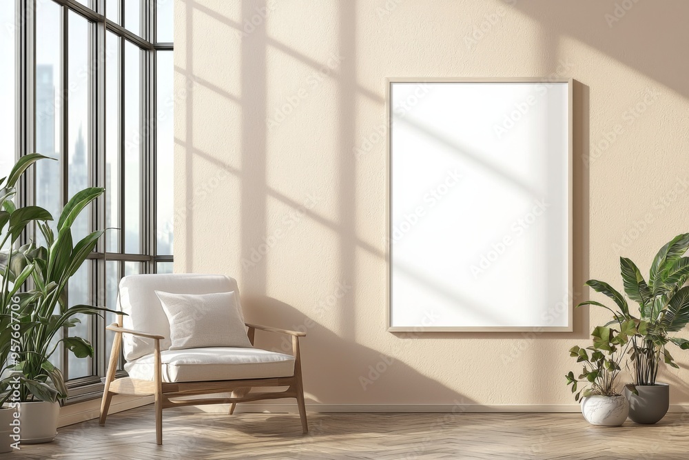 Fototapeta premium Poster Frame in Beige minimalist living room interior created with generative AI