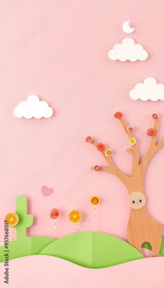 Paper cut art with a happy tree, flowers, cactus and a crescent moon on a pink background. Paper cut art with a happy tree, flowers, cactus and a crescent moon on a pink background.