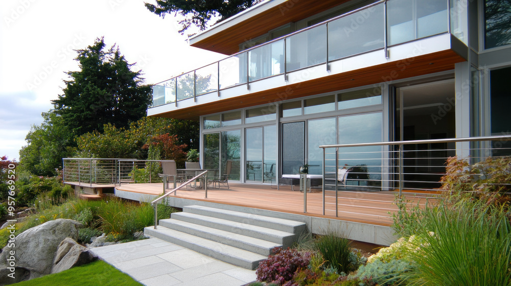 Modern cozy house with deck and stainless steel rails by lush jungle Modern cozy house with deck and stainless steel rails by lush jungle