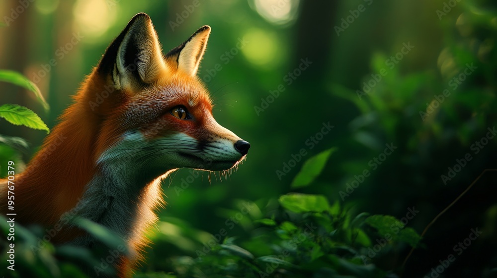 Close-up of a red fox in a lush green forest, highlighted by soft sunlight filtering through the trees. Close-up of a red fox in a lush green forest, highlighted by soft sunlight filtering through the trees.