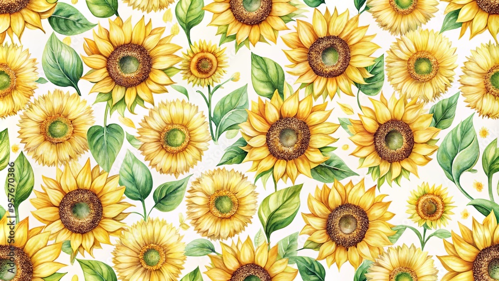 Watercolor sunflowers in a seamless pattern design Watercolor sunflowers in a seamless pattern design