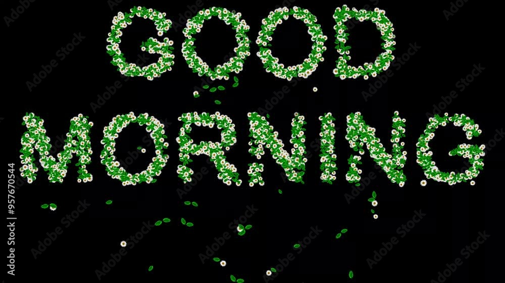 Good Morning text with green leaves and white daisy flowers on plain black background Good Morning text with green leaves and white daisy flowers on plain black background