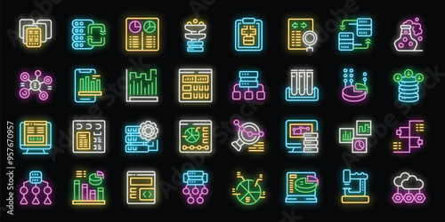 Set of colorful neon icons illustrating data analysis, from data mining to machine learning