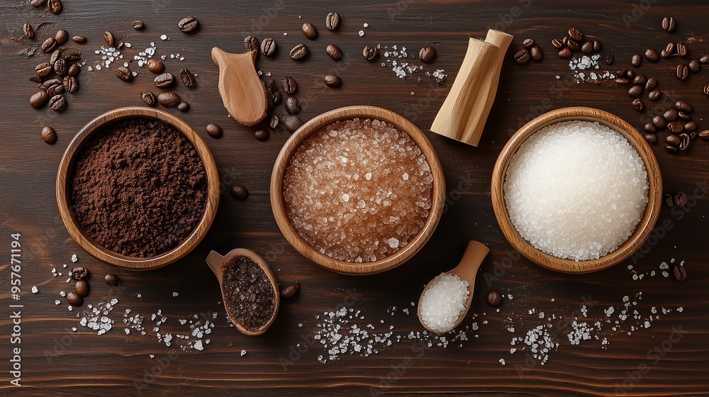 Aromatic coffee grounds and various sugars arranged in wooden bowls on a rustic table during morning light Aromatic coffee grounds and various sugars arranged in wooden bowls on a rustic table during morning light