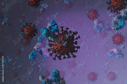 3D Render of Multiple Viruses and Antibodies photo