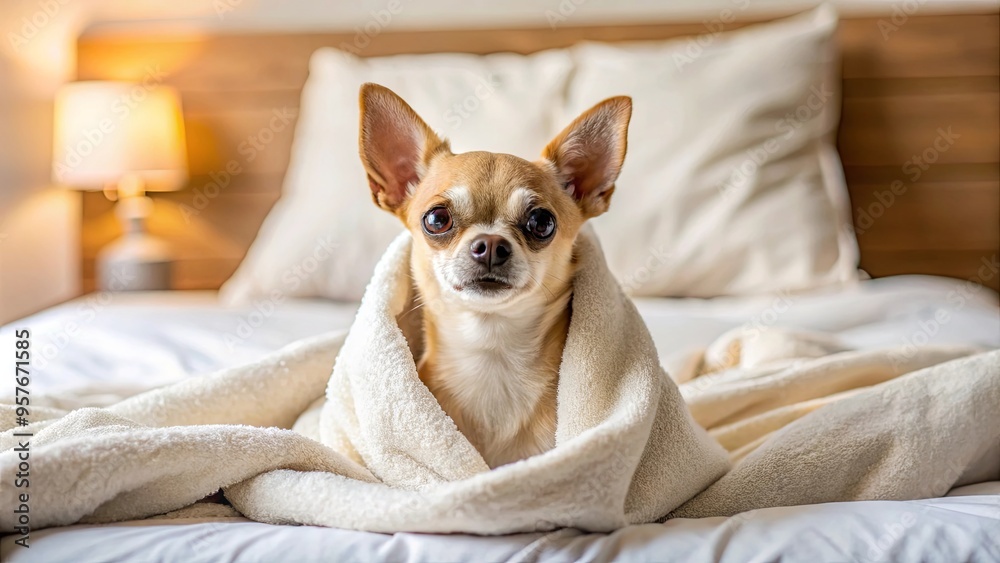 Pet-friendly hotel with a cute Chihuahua dog wrapped in towel relaxing on a cozy bed Pet-friendly hotel with a cute Chihuahua dog wrapped in towel relaxing on a cozy bed