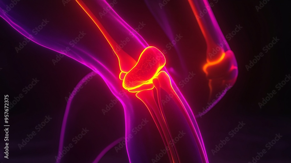 Anatomical knee joint illustration displaying dynamic motion in vibrant neon colors.