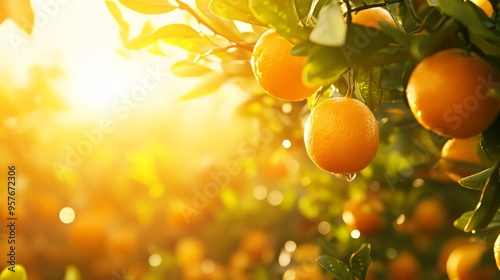 Close-up of ripe oranges hanging on a tree branch with sunlight filtering through leaves, creating a warm golden glow in the orchard.